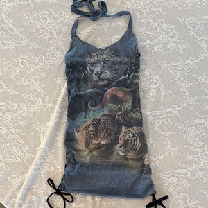 “Thrifted Wolf” Upcycled OAK Animal Figure Flattering Adjustable Mini Dress